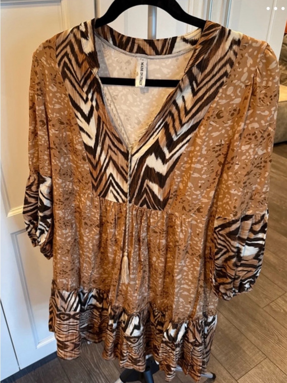 Mixed Animal Print V-Neck Tunic Top - Brown